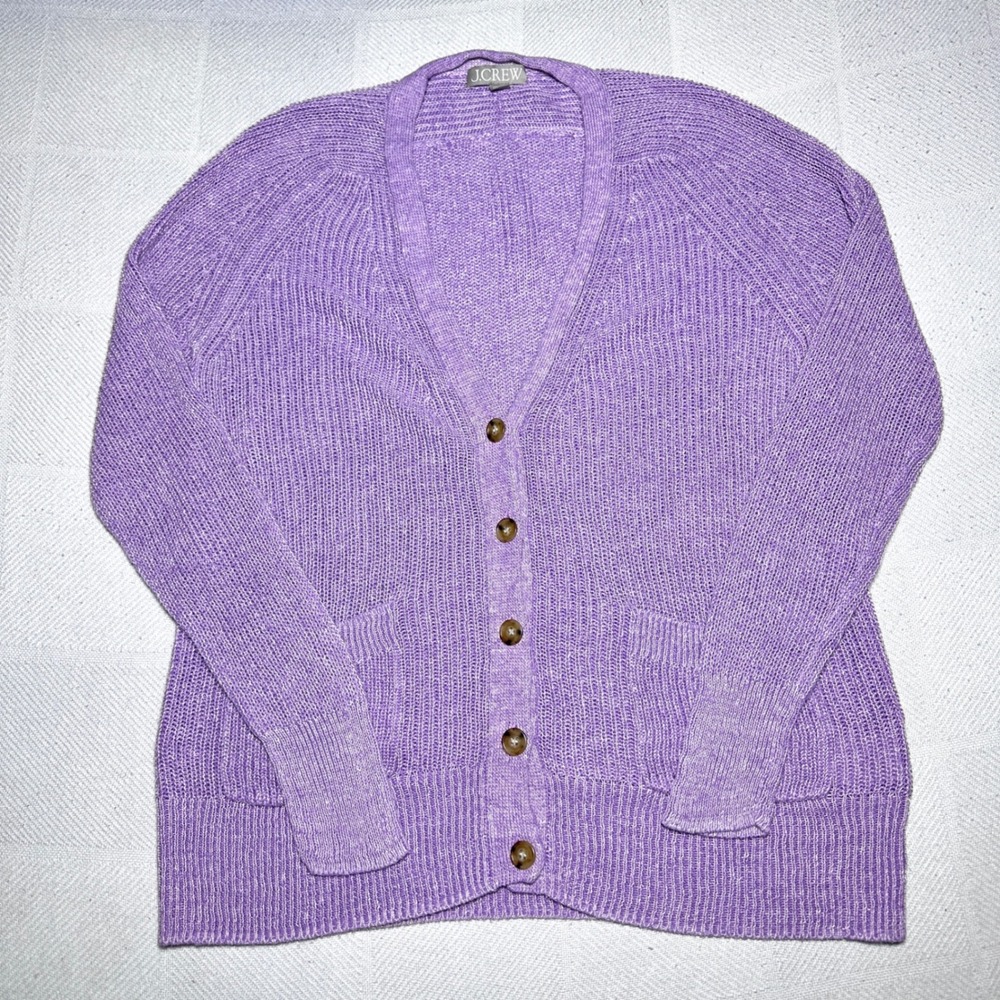 J.Crew Cardigan Womens Small Linen Cotton Relaxed Shaker Stitch V-Neck Purple